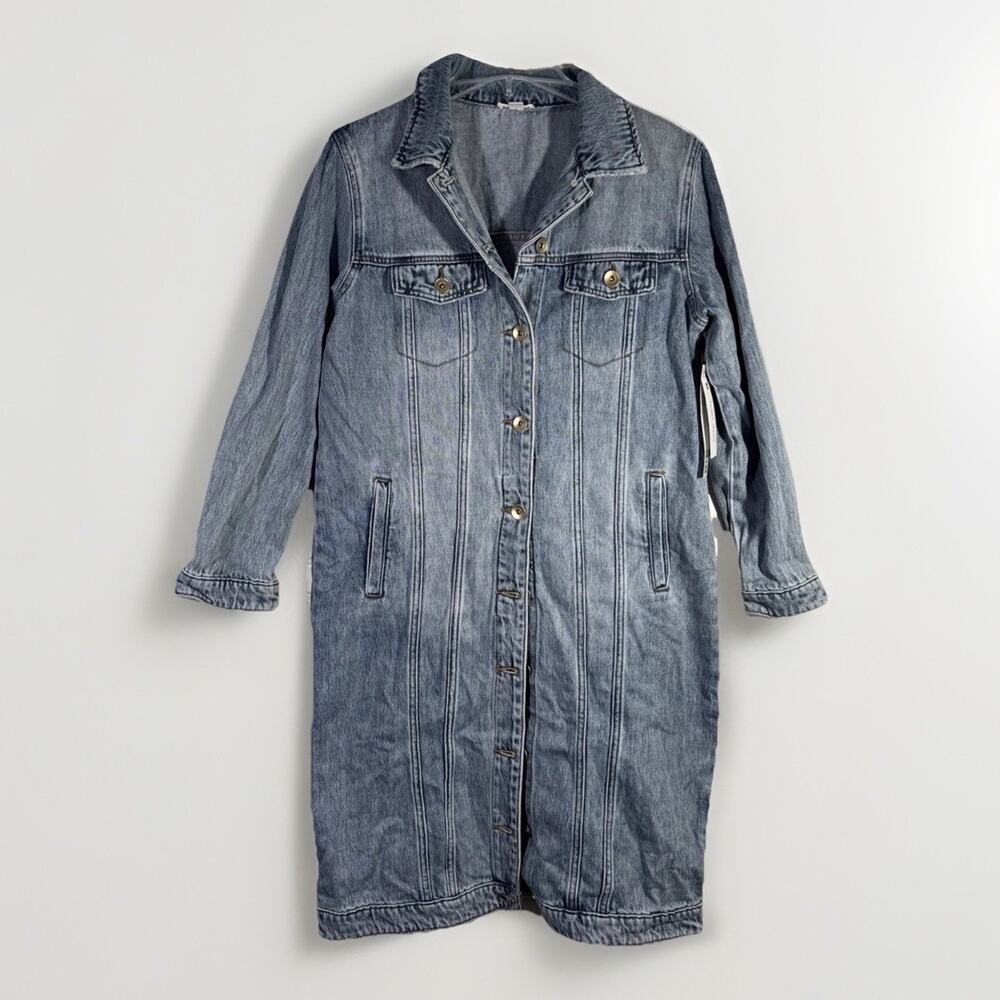Tribal Women’s M Long Denim Duster Jacket Blue Button Up Jean Trench Coat
